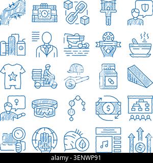 Doodle style icons exploring diverse business concepts, service industries, and everyday common objects, depicting various themes from logistics to fi Stock Vector