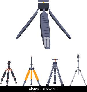 Collection of adjustable camera tripods and portable supports for stable photo and video capture, ideal for studio or field use by hobbyists and profe Stock Vector