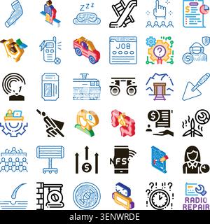 Set of various doodle style and isometric icons illustrating a wide range of topics from job searching and finance to anatomy, environment, and commun Stock Vector