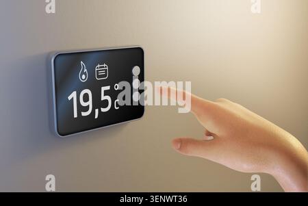 Humand hand interacting with a smart home thermostat. Digital illustration, 3D render. Stock Photo
