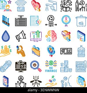 Set of various isometric line icons representing concepts like finance, health, technology, data, environment, and different services for business and Stock Vector