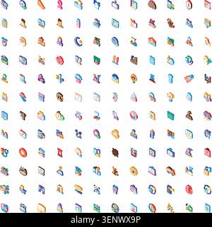 Isometric icons collection presenting various conceptual symbols for business, technology, finance, communication, and human resources, designed for m Stock Vector
