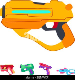 Brightly colored futuristic blasters with a large primary toy gun and three smaller pistols, ideal for representing childhood fun, active games, and f Stock Vector