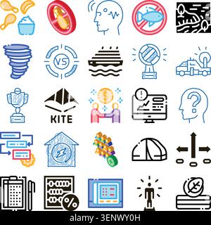 Assorted collection of business, nature, science, health, and travel icons in a doodle line art style, illustrating various concepts and themes for di Stock Vector