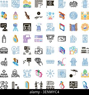 Large set of diverse icons illustrating various concepts from technology and business to nature, health, and social issues, providing a comprehensive Stock Vector