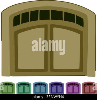 Rustic style garage door with an arched top and small windows providing access to a home or industrial building, illustrating concepts of entry, secur Stock Vector