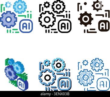 Artificial Intelligence Ai Chip Vector Sign series Icon Thin Line. Artificial Intelligence Gear Wheels And Microchip Linear Pictogram. Technology Supp Stock Vector