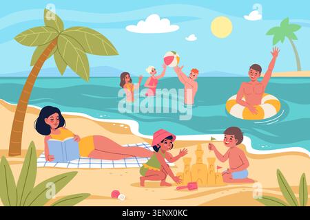 Summer outdoor activities. People on beach vacation, swimming with inflatable ring, palm trees, seashore landscape, sandcastle building, water Stock Vector