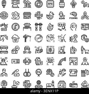 Set of web and mobile line icons illustrating abstract ideas related to technology, finance, retail, construction, real estate, health, environment, a Stock Vector