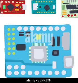 Collection of stylized electronic circuit boards featuring microcontrollers, resistors, and capacitors, symbolizing computing and technology innovatio Stock Vector