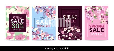 Sakura flowers banners. Spring sale floral cards, cherry blossom sprigs, beautiful blooming japanese plant, pink petals, botanical promotional poster Stock Vector