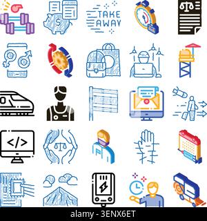 Assortment of doodle style isometric icons illustrating various concepts including work, finance, law, transport, healthcare, digital technology, mana Stock Vector