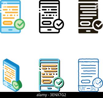 Smartphone Display And Approved Mark Vector Icon Thin Line. Approved Sign On Document File, stylized Protection Shield And Opened Carton Box Concept L Stock Vector