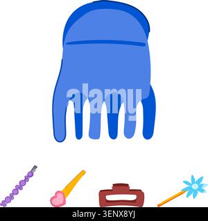 Hair accessories set including a large claw clip with several decorative hairpins and barrettes, illustrating fashion elements for personal grooming a Stock Vector