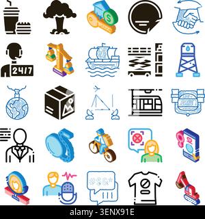 Collection of colorful isometric icons representing various business sectors, logistics, industries, communication, technologies, and everyday life co Stock Vector