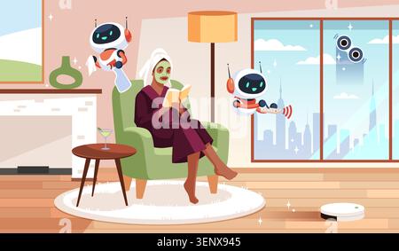 Woman relaxing at smart home. Friendly ai assistant drones, cozy futuristic lifestyle, domestic robots and automated cleaning service, automate Stock Vector