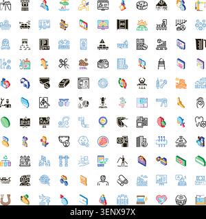 Various industry and lifestyle related line and isometric icons representing concepts of modern business, technology, medical services, travel, nature Stock Vector