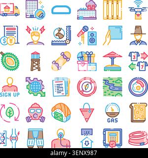 Set of colorful line icons depicting various concepts from logistics, industry, finance, food, health, travel, technology, and everyday lifestyle acti Stock Vector
