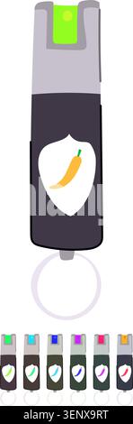 Portable pepper spray canister with shield icon and hot chili pepper motif, symbolizing personal safety, non lethal self defense, protection, and crim Stock Vector