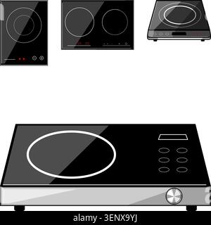 Various modern black induction cooktops with different configurations and control panels, offering advanced cooking technology for contemporary kitche Stock Vector