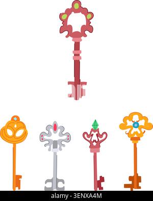 Various colorful fantasy keys featuring intricate designs and decorative gems, embodying concepts of access, mystery, security, unlocking, and hidden Stock Vector