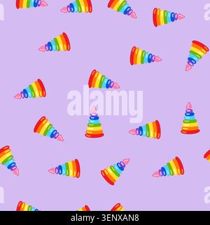 pattern kid pyramid toy cartoon. color wooden, box block, car bear kid pyramid toy sign. seamless vector illustration Stock Vector