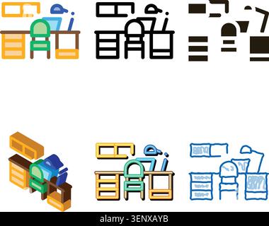 variants Workplace with Lamp Icon Vector. Outline Workplace with Lamp Sign. Isolated Contour Symbol Stock Vector