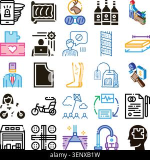 Variety of colorful and outlined icons representing different aspects of people's lives, including daily activities, work, health, technology, holiday Stock Vector