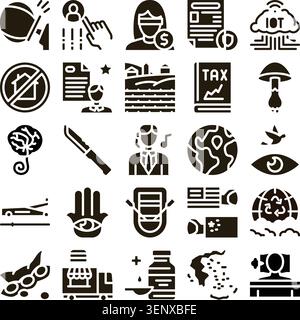 Set of glyph icons providing visual representations for a wide range of global topics, social concerns, business elements, environmental problems, and Stock Vector