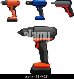 Cordless handheld power tools illustrating different electric drills and impact drivers for construction, renovation, woodworking, and professional re Stock Vector