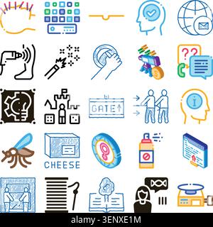 Collection of doodle style icons on white background depicting healthcare, tech, communication, creativity, education, science, finance, nature and so Stock Vector
