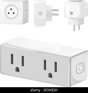 Modern white electrical smart power plugs and wall adapters connect devices to a smart home network, providing automation and remote control for energ Stock Vector