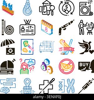 Variety of colorful and outline vector icons, illustrating a broad range of concepts including business, finance, technology, science, health, and eve Stock Vector