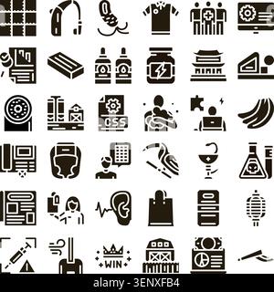 Set of diverse black glyph icons representing a wide array of topics including technology, health, business, agriculture, fashion, science, and commun Stock Vector