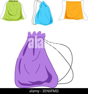 Drawstring sacks presented in a vibrant collection of colors including purple, green, blue, and orange, offering versatile storage and carrying option Stock Vector