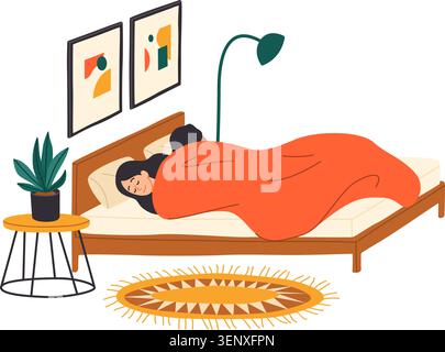 People sleeping in bed. Minimal bedroom, rest night sleep and home comfort with blanket, pillows. Cozy interior. Man and woman sleep, family together Stock Vector