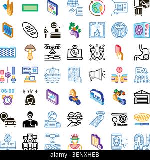 Diverse set of line icons illustrating various concepts from business, technology, communication, ecology, healthcare, and transportation, depicting a Stock Vector