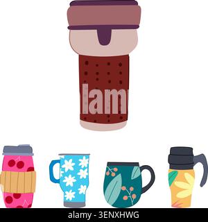 Vibrant collection of insulated travel mugs and thermos cups with colorful patterns, promoting sustainable, on the go hydration for coffee, tea and co Stock Vector