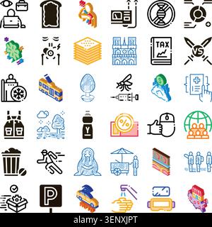 Collection of varied color and doodle style icons representing business, technology, finance, health, travel, food, and various daily life objects and Stock Vector