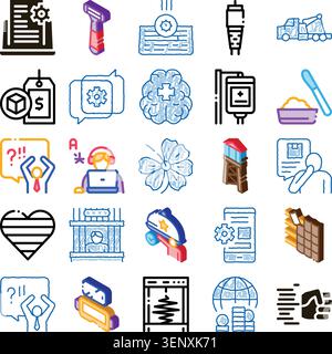 Set of various conceptual line and isometric icons representing business, technology, finance, healthcare, communication, and daily life objects, usef Stock Vector