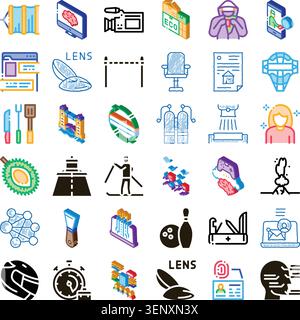Isometric and flat black icon set showing diverse themes, contact lens and vision, sports - archery, bowling - , scuba gear, durian fruit, grilling to Stock Vector