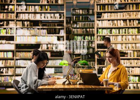 Classmates in a study group taking notes on laptop or notebook, studying coursework at wooden table library. Warm lighting and green lamps on desk creating bright academic study scene. Stock Photo