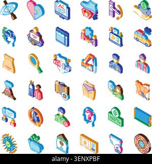 Collection of isometric icons illustrating various abstract concepts, business sectors, health topics, educational themes, leisure activities, transpo Stock Vector