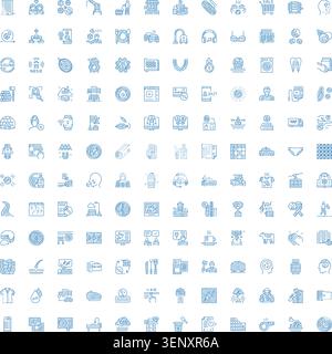 Collection of various hand drawn line art icons in a light blue hue, featuring a wide range of everyday objects, activities, concepts, and symbols arr Stock Vector