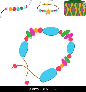 Colorful collection of handmade beaded bracelets and a bohemian style patterned cuff, creating a vibrant set of fashion accessories and symbols of con Stock Vector