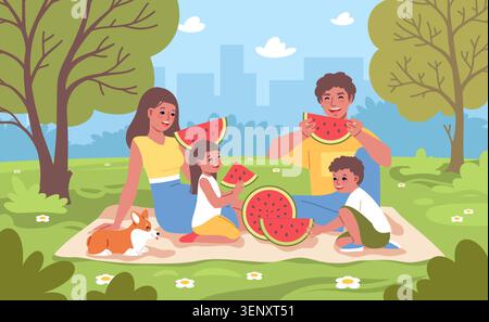 Happy family picnic in park. People with kids eating watermelon outdoors together, summer leisure activities, sunny lifestyle, parenthood and Stock Vector