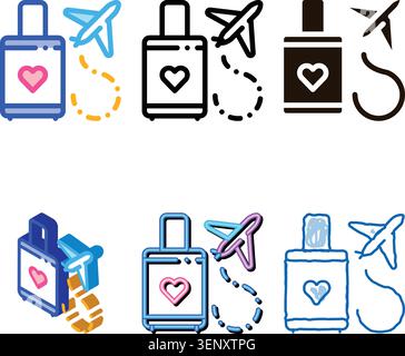 Valise And Airplane Honeymoon Trip forms Vector Icon Thin Line. Valise With Love Symbol Heart Linear Pictogram. Party Preparation And Marriage Templat Stock Vector