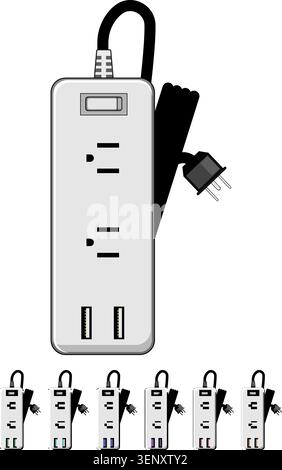 Power strip providing multiple ac outlets and usb charging ports for connecting and energizing various electronic devices, offering convenience and ex Stock Vector