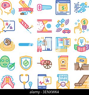 Comprehensive linear icon collection illustrating a wide array of concepts including communication, finance, technology, health, security, and various Stock Vector