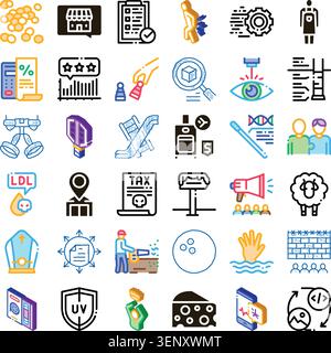 Collection of diverse vector pictogram glyphs and icons representing business, finance, technology, health, travel, industry, data, communication, lei Stock Vector